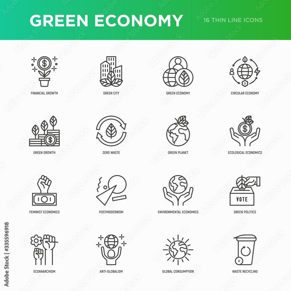 Green economy thin line icons set: financial growth, green city, zero waste, circular economy, green politics, anti-globalism, global consumption. Vector illustration for environmental issues. - obrazy, fototapety, plakaty 