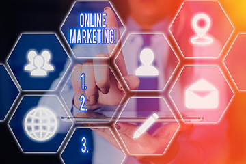 Poster - word writing text online marketing. business photo showcasing leveraging web based channels spread a