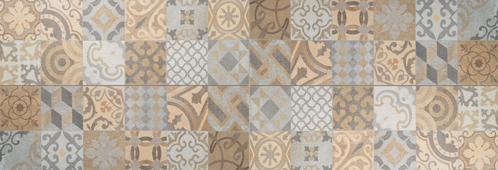 Aufkleber - Brown beige gray bright vintage retro geometric square mosaic motif cement tiles texture background banner panorama