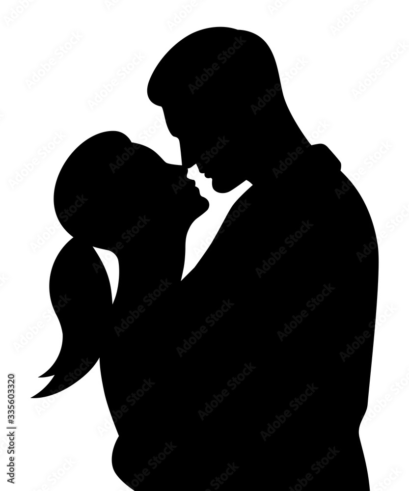 Silhouette of young lovers kissing passionately. Black and white vector ...