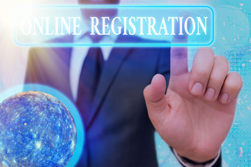 Poster - Writing note showing Online Registration. Business concept for System for subscribing or registering via the Internet Elements of this image furnished by NASA