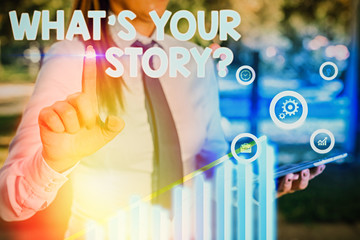Poster - Text sign showing What Is Your Story question. Business photo showcasing being asked by someone about my own journey from beginning till now
