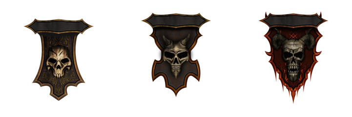 Game Difficulty Badges Set. 3 horrific skull figures stands on 3 different shield. Dark theme game level badges.