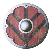 Wooden Medieval Round Shield, Viking Shield Painted Black And Red, Isolated On White Background, 3d Rendering 3d Illustration