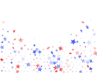 Flying red blue white star sparkles on white vector american patriotic background.