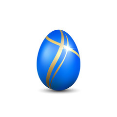 Sticker - Easter egg 3D icon. Gold blue egg isolated white background. Golden design template, decoration Happy Easter celebration. Holiday element. Shiny pattern. Traditional symbol spring. Vector illustration