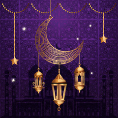 Wall Mural - ramadan kareem poster with moon and lanterns hanging vector illustration design