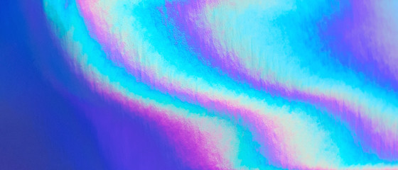  Blurred abstract trendy rainbow holographic banner background in 80s style. Blurred texture in violet, pink and mint bright neon colors.