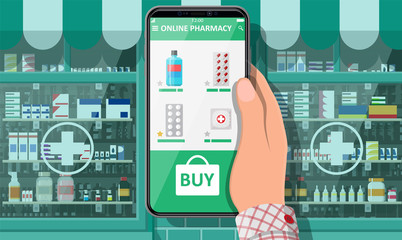 Wall Mural - Hand holding mobile phone with internet pharmacy shopping app. Pharmacy shop facade. Medical assistance, help, support online. Health care application on smartphone. Vector illustration in flat style