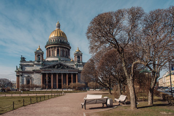 Saint Isaac's Cathedral in Saint Petersburg, Russia during the coronavirus pandemic in April 2020. Empty street.