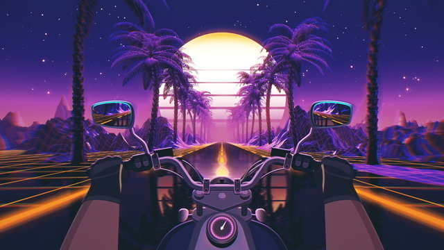 Wall Mural - 80s retro futuristic sci-fi background with motorcycle pov. Riding in retrowave VJ videogame landscape, neon lights and low poly grid. Stylized biker vintage vaporwave 3D animation background. 4K