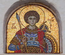 Ancient Mosaic Icon Of Saint George Outside Of The Panagia Church In Chora, Ios Island, Cyclades, Greece
