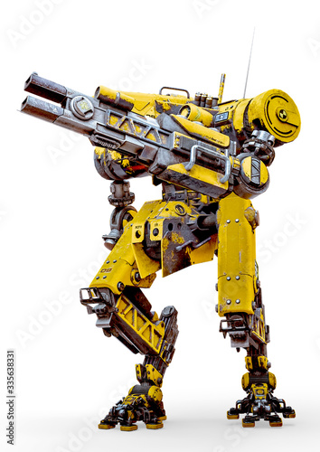 Fotografía yellow combat mech load a gun in a white background