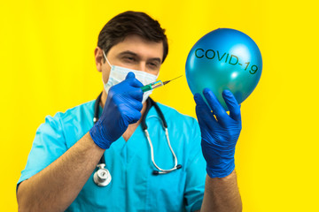 Virus mask female doctor wearing face protection in prevention for coronavirus showing gesture Stop Infection