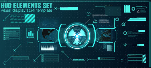 Poster - set of elements for the design of interfaces for games and movies of the future, a display for outer space. Futuristic vector hud interface screen design. 