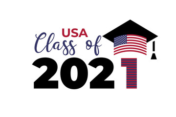 USA Class of 2021. Black number with education academic cap with United States of America flag. Template for graduation design, high school or college congratulation graduate. Vector illustration.