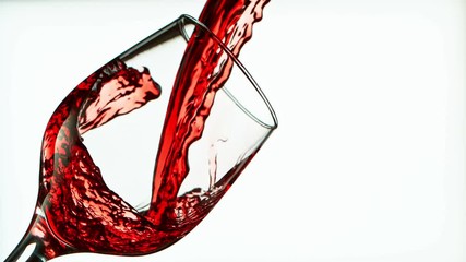 Wall Mural - Super Slow Motion Detail Shot of Pouring Red Wine from Bottle on White Background at 1000fps.