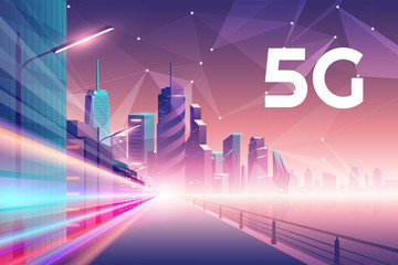 Poster - 5g wireless network concept. night urban city with low polygonal connection, internet of things, 5g 