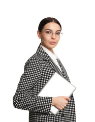 Wall Mural - Young businesswoman with tablet on white background