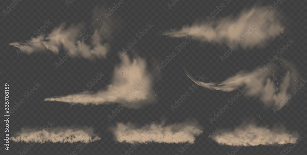Dust cloud, sand storm, powder spray on transparent background. Desert wind with cloud of dust and sand. Realistic vector illustration. - obrazy, fototapety, plakaty 