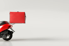 Delivery Scooter With Red Box On Bright White Background. Food Service Concept. 3d Rendering