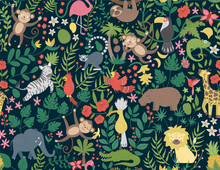 Vector Seamless Pattern With Cute Exotic Animals, Leaves, Flowers, Fruits. Funny Tropical Repeat Background With Birds And Plants. Bright Flat Illustration For Children. Jungle Summer Texture.