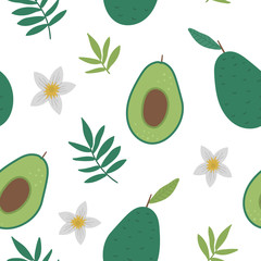 Wall Mural - Vector avocado seamless pattern. Jungle fruit repeat background. Hand drawn flat exotic texture. Bright childish healthy tropical summer food digital paper..