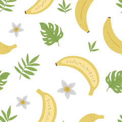 Wall Mural - Vector banana seamless pattern. Jungle fruit repeat background. Hand drawn flat exotic texture. Bright childish healthy tropical summer food digital paper..