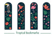 Vector set of bookmarks for children with tropical birds, leaves, flowers. Cute smiling toucan, flamingo, paradise bird, parrot on dark blue background. Vertical layout card templates. .