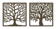 © Oksana Zhigulina	 - Two trees in a square frame, with and without leaves. Brown trunk, branches. Design element, sample panel for plotter cutting. Template for paper cut, plywood, cardboard, metal engraving, wood carving