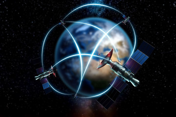 Wall Mural - space satellite with antenna and solar panels in space against the background of the earth. telecomm