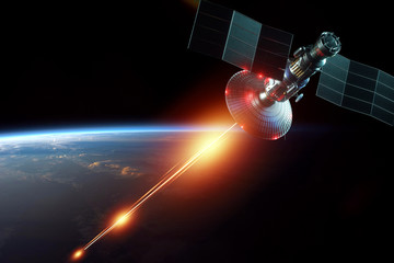 Wall Mural - space military satellite, a weapon in space shoots a laser against the background of the earth. atta