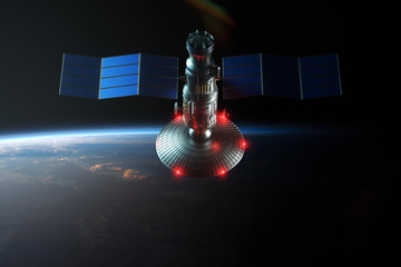 Wall Mural - space satellite with antenna and solar panels in space against the background of the earth. telecomm