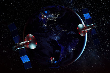 Wall Mural - space satellite with antenna and solar panels in space against the background of the earth. telecomm