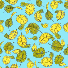 Seamless Pattern Drawing Spring Summer Autumn Leaves On A Blue Background