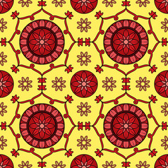 seamless decorative mandala pattern with floral and geometric ornament design in red and yellow color. traditional ethnic turkish, indian motifs.