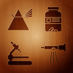 Sticker - Set Telescope, Light rays in prism, Microscope and Medicine bottle and pills on wooden background. Vector