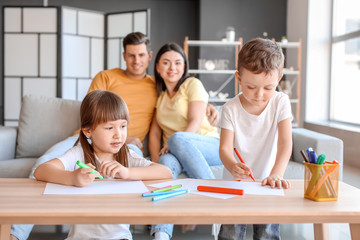 Wall Mural - Little children drawing pictures at home