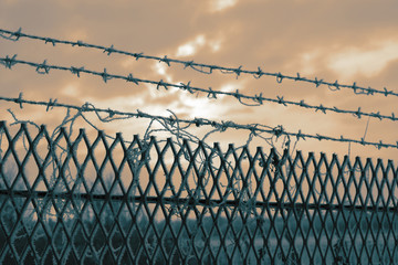 Security mesh metal fence with barbed razor wire on a frosty morning.  With colour toning