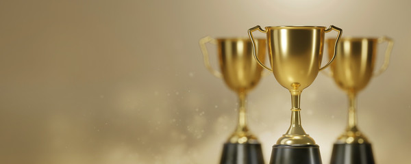 Wall Mural - Golden trophy cup on gold background. copy space for text. 3d rendering.
