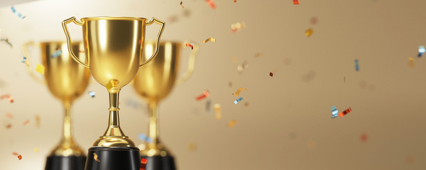 golden trophy award with falling confetti on gold background. copy space for text. 3d rendering.