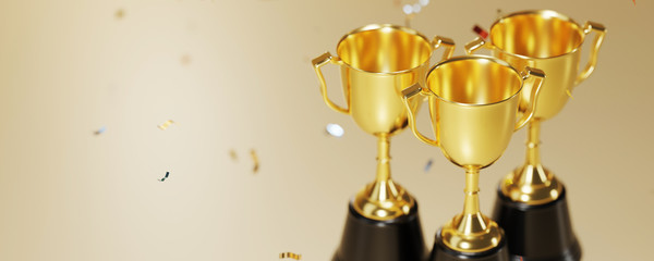 Wall Mural - golden trophy award with falling confetti on gold background. copy space for text. 3d rendering.