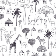 Hand drawn african animals and plants on white background. Vector seamless pattern.