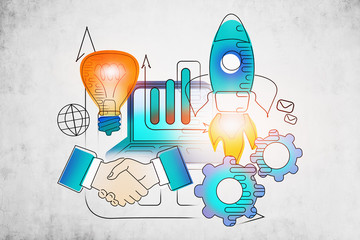 Poster - Creative startup sketch on conrete wall