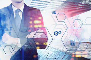 Poster - Confident businessman in city, network interface