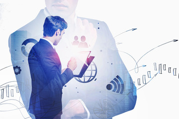 Poster - Two businessmen in city, network interface