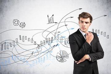 Poster - Pensive businessman, graphs on wall