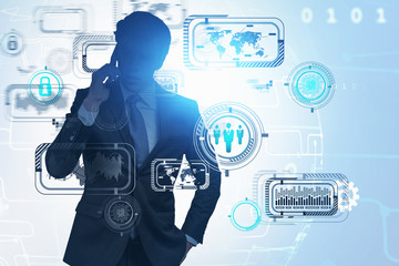 Poster - Man talking on smartphone, business interface