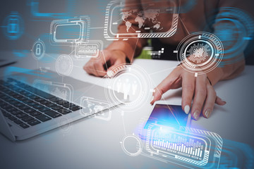 Poster - Woman with phone and laptop office, HUD interface