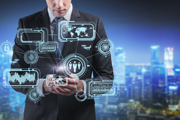 Poster - Man with phone in night city, business interface